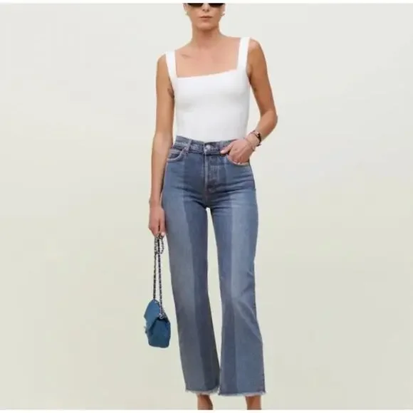 Reformation Natoma Blue Denim Distressed High-rise Straight Leg Jeans, size 25 - Picture 1 of 8